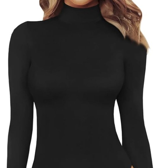 MANGOPOP Women's Black Mock Turtle Neck Long Sleeve Tops Bodysuit Jumpsuit Small - Picture 1 of 7